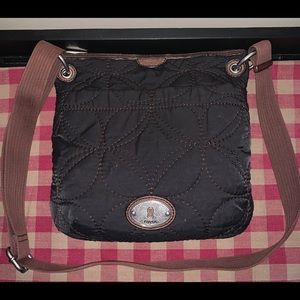 Vintage Black Quilted Fabric Fossil Key-Per| Zippered Closure | Black Crossbody